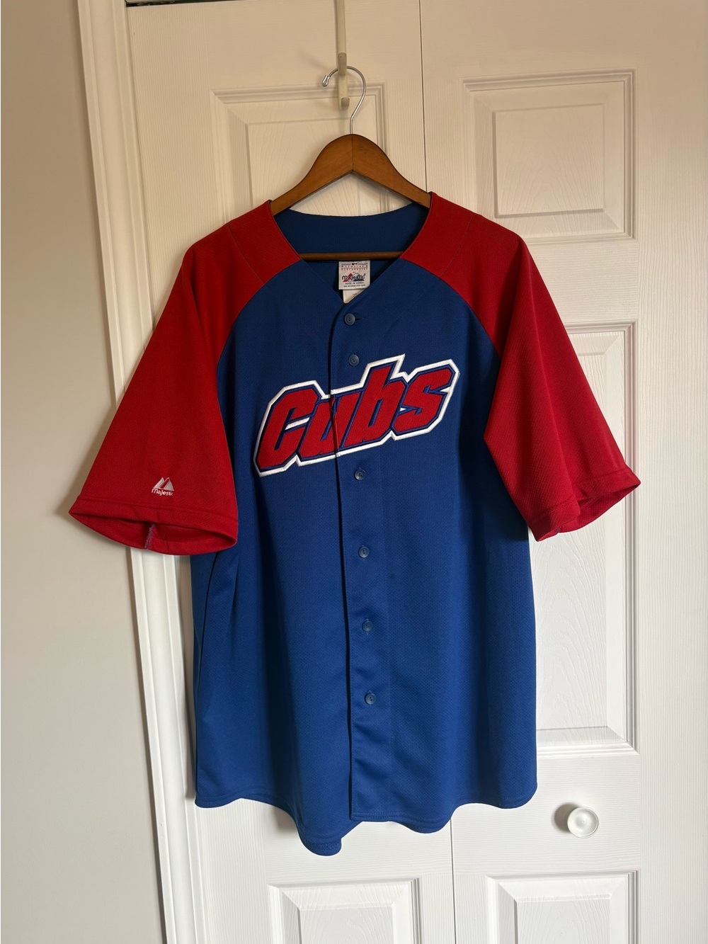 Vintage Majestic Chicago Cubs MLB Baseball Button-Up Jersey Blue/Red Mens XXL